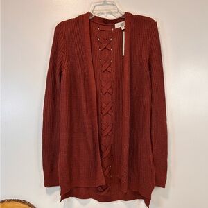 PINQUE Jamelya Back Detail Burgundy Open Front Cardigan Women’s Size Medium